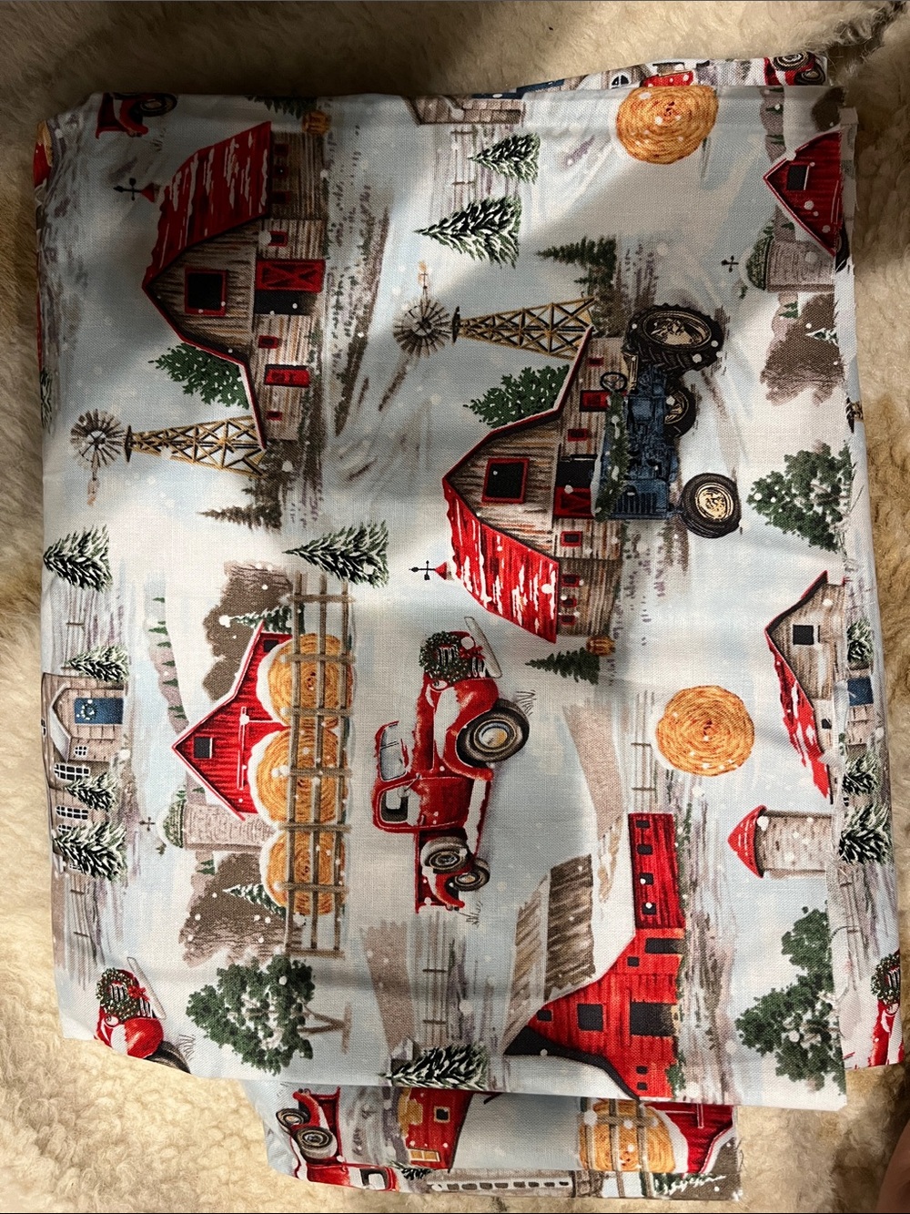 Farmhouse Holiday Fabric - Red Barn Print